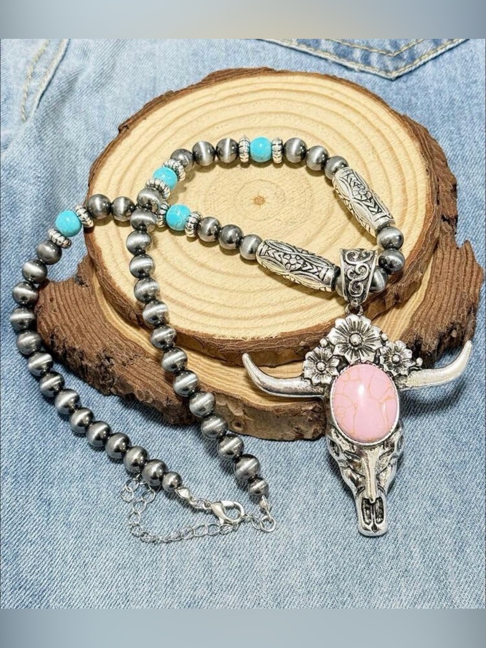 Western Necklace Silver-tone Beaded Necklace with Pink Stone Bull Pendant